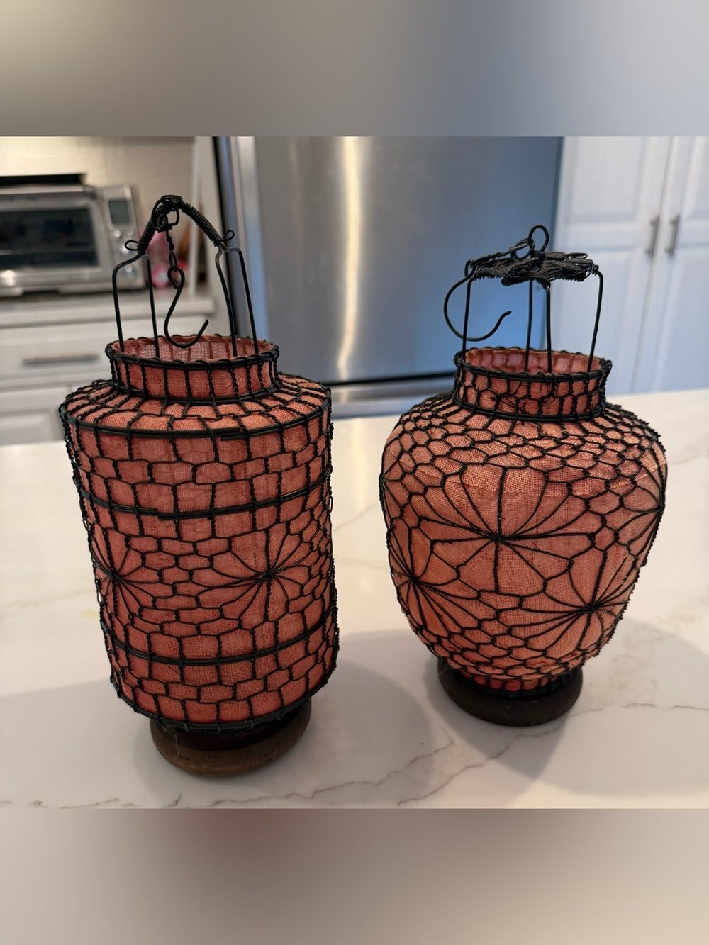 2x Chinese wire-and-fabric palace or votive lanterns